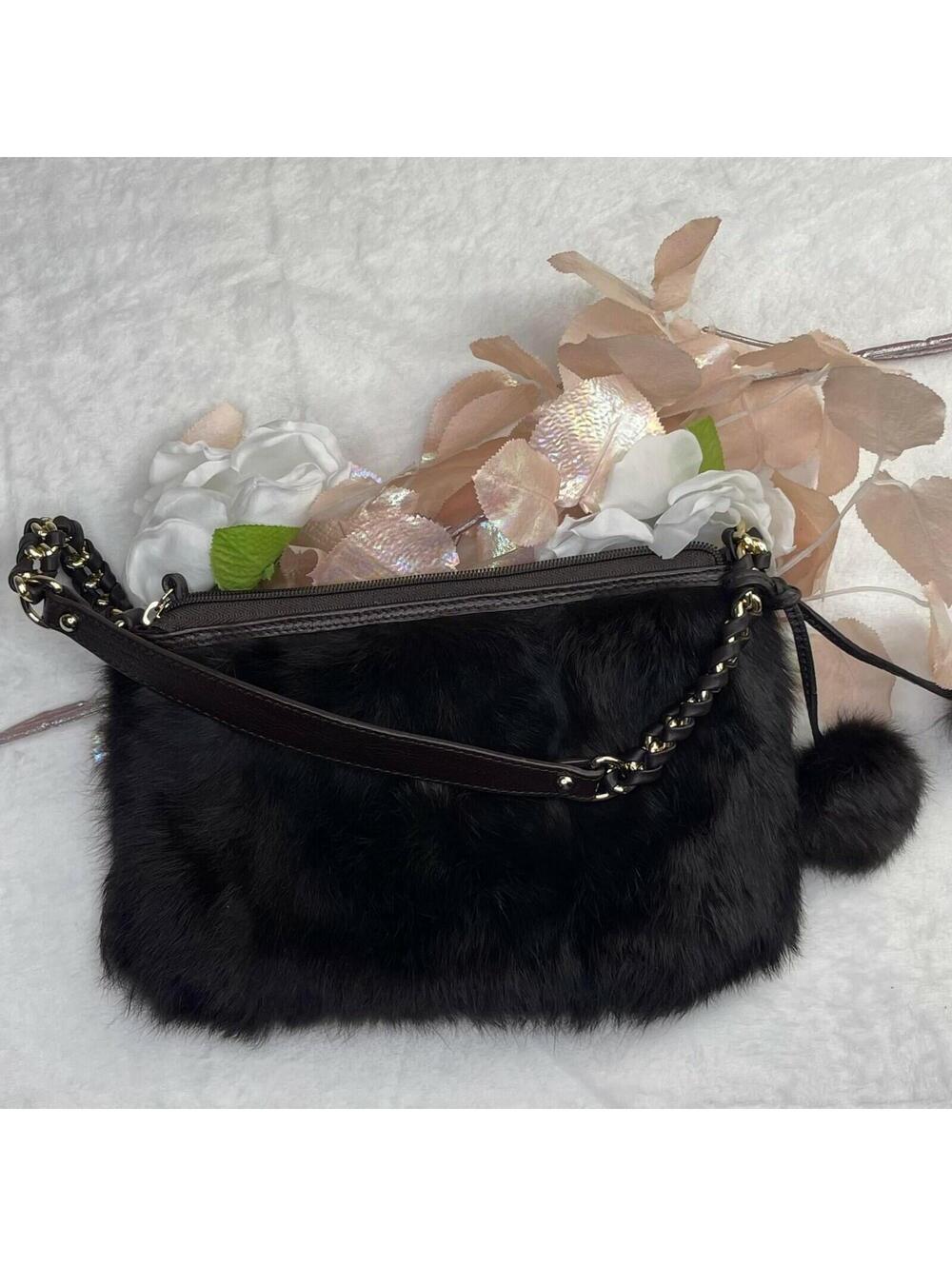 DIANE GAIL NATURAL BROWN RABBIT FUR ROMA LEATHER TRIM HANDBAG PURSE WALLET